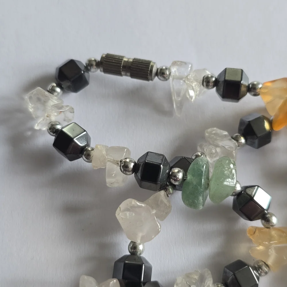Handmade gemstone necklace beaded yellow green grey gray silver tone clear